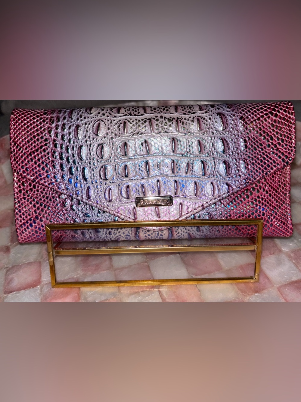 Brahmin Veronica Wallet Multi Sundial Pink Iridescent Embossed Leather